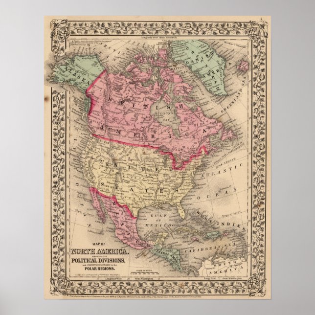 North America Map by Mitchell Poster (Front)