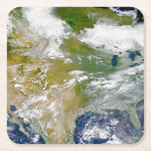North America With Smoke Visible In Locations. Square Paper Coaster (Front)