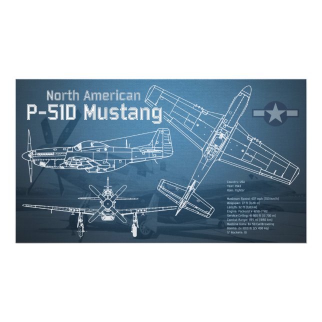 North American P-51D Mustang Blueprint Photo Print (Front)