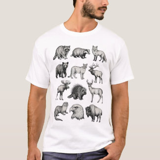 North American Wildlife Vintage Etching Art T-Shirt