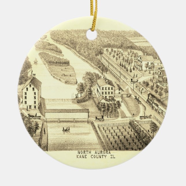 North Aurora Illinois Stone Lithograph 1871 Art Ceramic Ornament (Front)