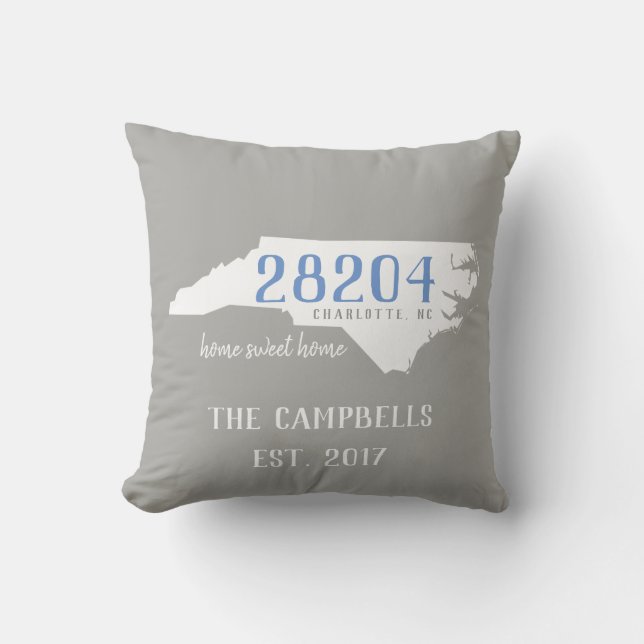 North Carolina Custom Zip Code/Colours Home Pillow (Front)