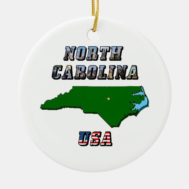 North Carolina Map and Text Ceramic Ornament (Front)