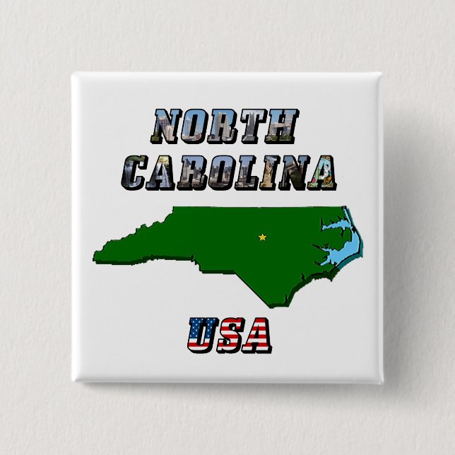 North Carolina Map Outline, Photo & US Flag Text  2 Inch Square Button (Front)