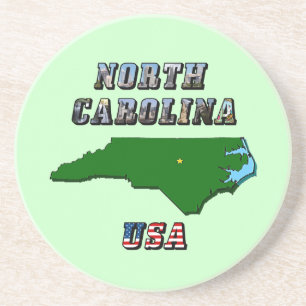 North Carolina Map Outline, Photo & US Flag Text  Coaster