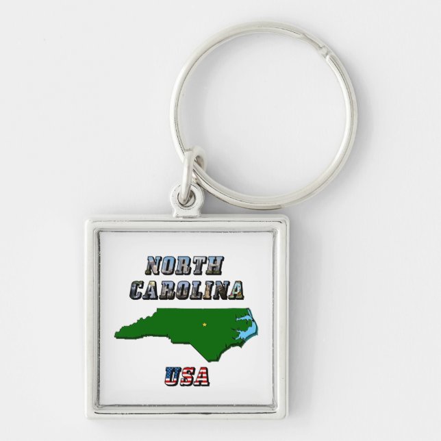 North Carolina Map Outline, Photo & US Flag Text  Keychain (Front)