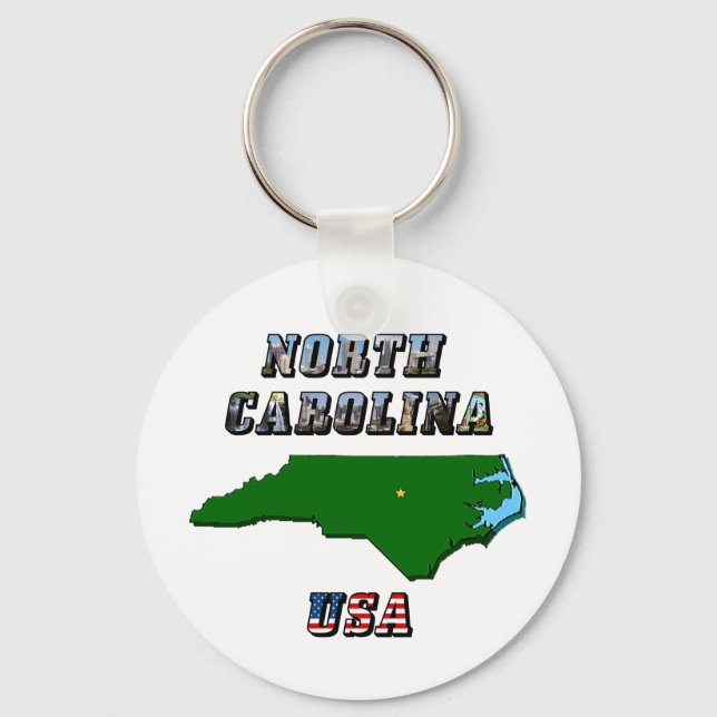 North Carolina Map Outline, Photo & US Flag Text  Keychain (Front)