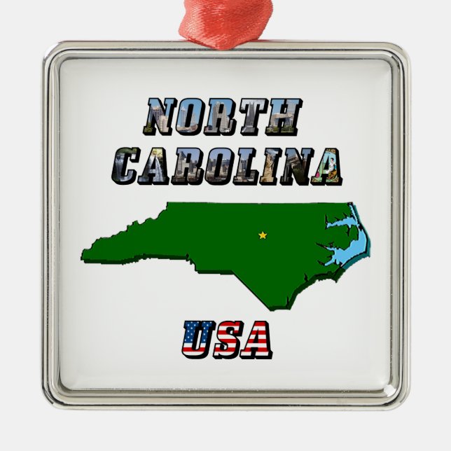 North Carolina Map Outline, Photo & US Flag Text  Metal Ornament (Front)