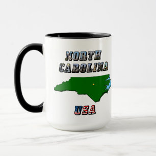 North Carolina Map Outline, Photo & US Flag Text Mug