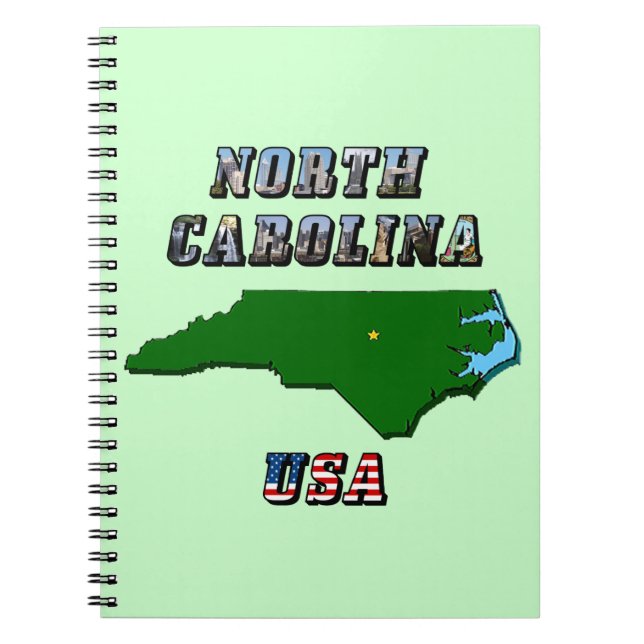 North Carolina Map Outline, Photo & US Flag Text  Notebook (Front)