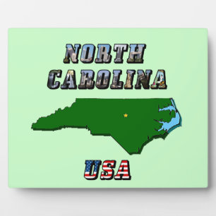 North Carolina Map Outline, Photo & US Flag Text Plaque