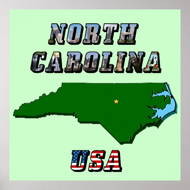 North Carolina Map Outline, Photo & US Flag Text  Poster (Front)