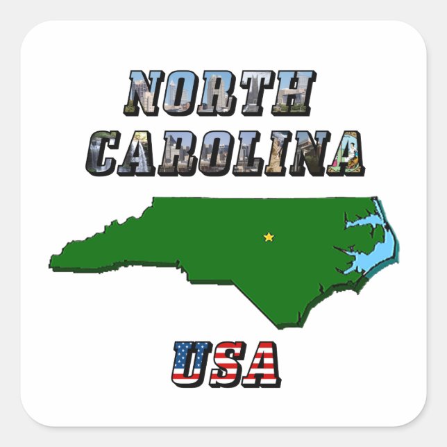 North Carolina Map Outline, Photo & US Flag Text  Square Sticker (Front)