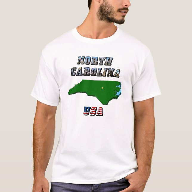 North Carolina Map Outline, Photo & US Flag Text  T-Shirt (Front)