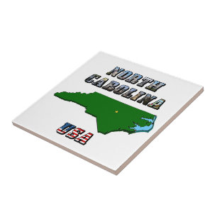 North Carolina Map Outline, Photo & US Flag Text Tile