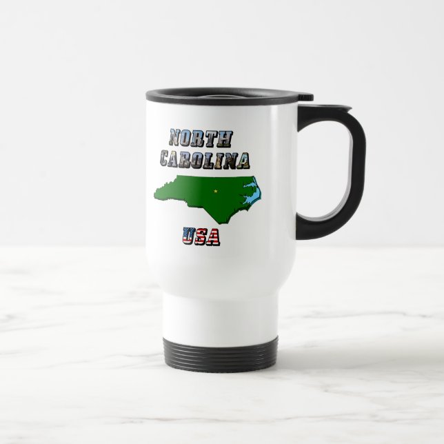 North Carolina Map Outline, Photo & US Flag Text  Travel Mug (Right)