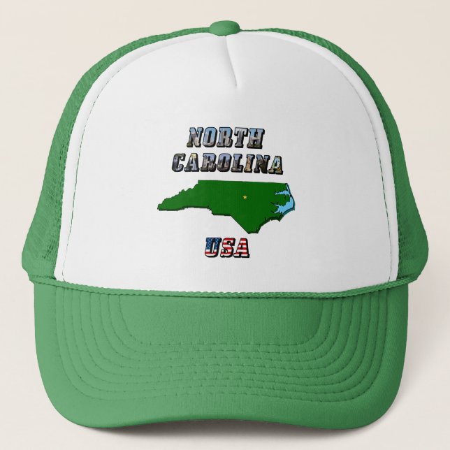 North Carolina Map Outline, Photo & US Flag Text  Trucker Hat (Front)