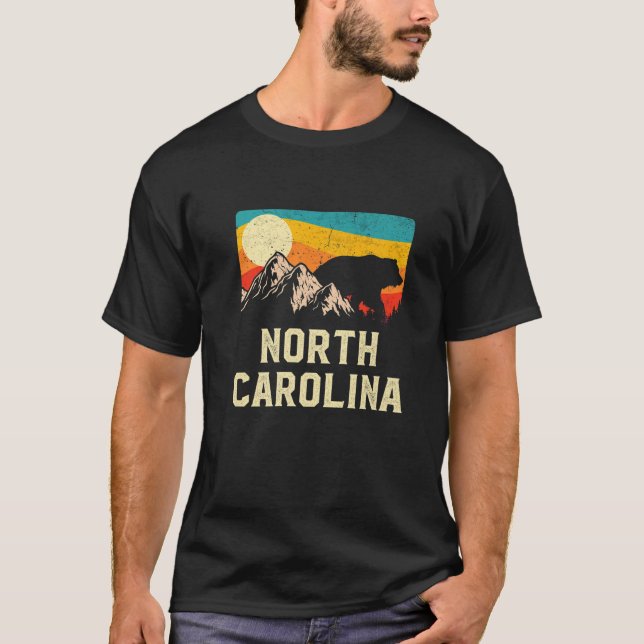 North Carolina Nature Wild Bear Retro Sunset Hikin T-Shirt (Front)