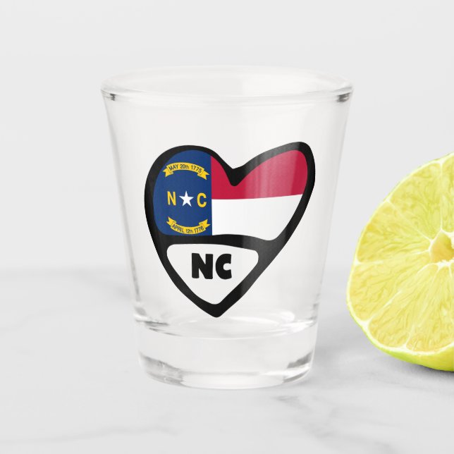 North Carolina, NC State Flag In Heart Shot Glass (Front)
