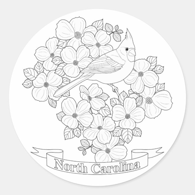 North Carolina State Bird and Flower Colouring Pag Classic Round Sticker (Front)