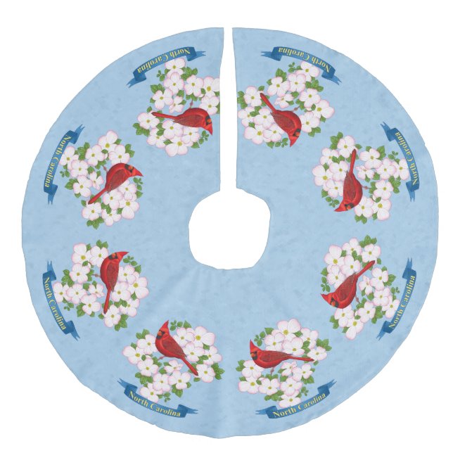 North Carolina State Cardinal Bird Dogwood Flower Faux Linen Tree Skirt (Front)