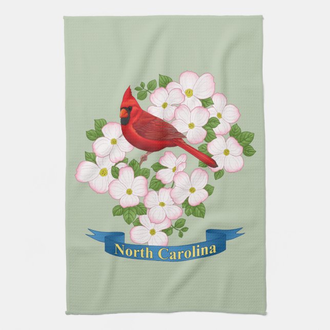 North Carolina State Cardinal Bird Dogwood Flower Kitchen Towel (Vertical)