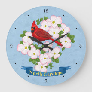 North Carolina State Cardinal Bird Dogwood Flower Large Clock