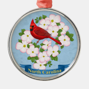 North Carolina State Cardinal Bird Dogwood Flower Metal Ornament