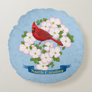 North Carolina State Cardinal Bird Dogwood Flower Round Pillow