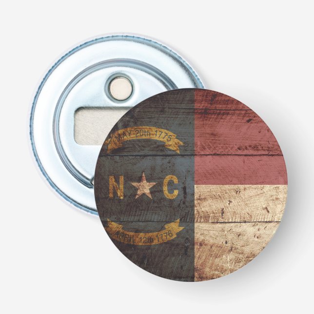 North Carolina State Flag on Old Wood Grain Bottle Opener (Front)
