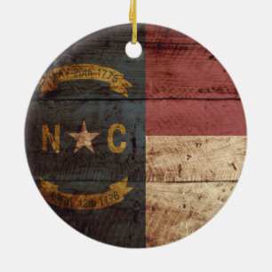 North Carolina State Flag on Old Wood Grain Ceramic Ornament