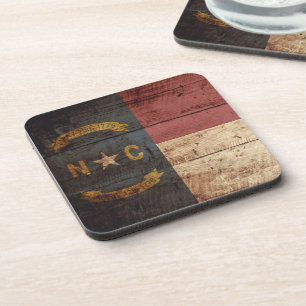 North Carolina State Flag on Old Wood Grain Coaster