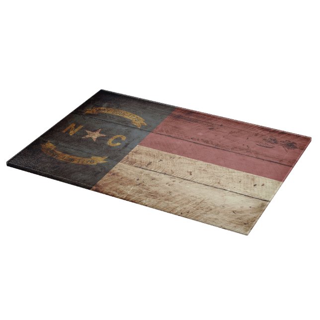 North Carolina State Flag on Old Wood Grain Cutting Board (Corner)