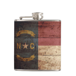 North Carolina State Flag on Old Wood Grain Hip Flask