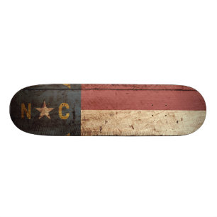 North Carolina State Flag on Old Wood Grain Skateboard
