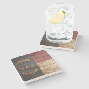 North Carolina State Flag on Old Wood Grain Stone Coaster