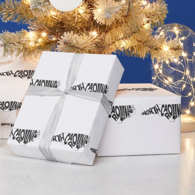 North Carolina State Name Word Art Black Wrapping Paper (Holidays)
