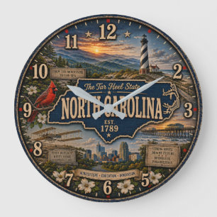 North Carolina Tar Heel State Mountain Coastal  Large Clock