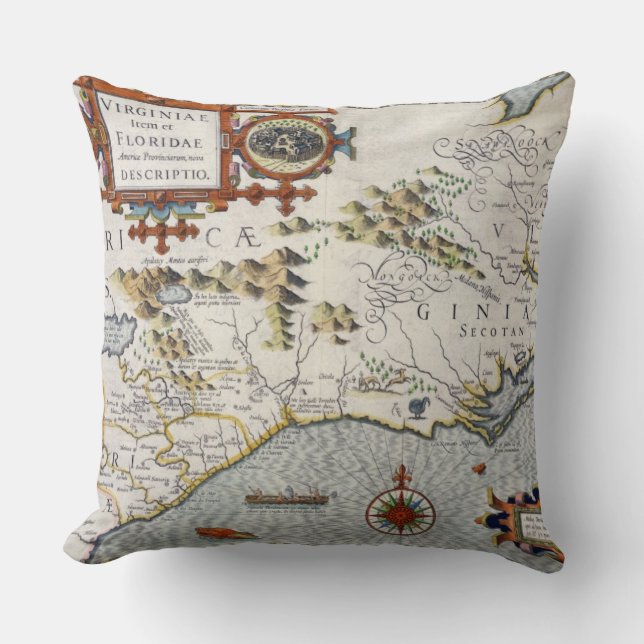 North Carolina, titled 'Virginiae item et Floridae Throw Pillow (Front)