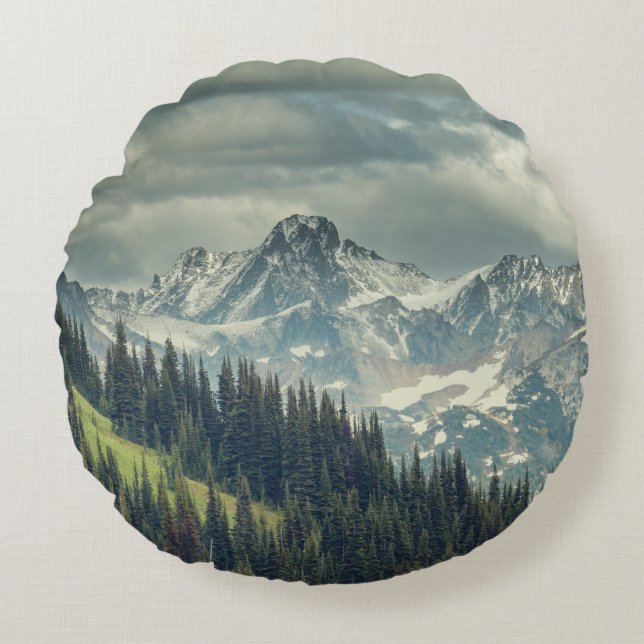 North Cascade: Majestic Mountain Peak. Round Pillow (Front)