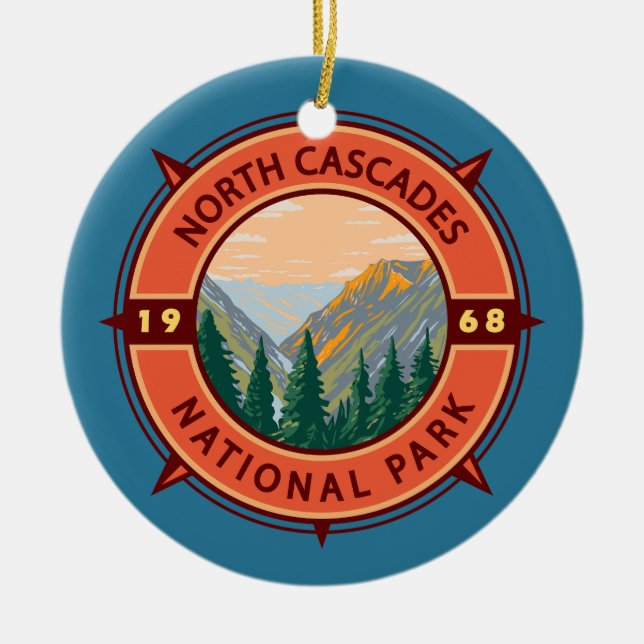 North Cascades National Park Retro Compass Emblem Ceramic Ornament (Front)