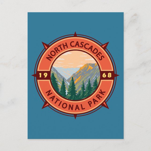 North Cascades National Park Retro Compass Emblem Postcard (Front)