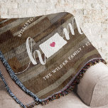 North Dakota Home State Personalized Wood Look Throw Blanket<br><div class="desc">Show some home state pride with this cute rustic faux wood plank throw blanket featuring "home" in white calligraphy script lettering with a silhouette map of the state of North Dakota standing in for the letter "O." A pink heart illustration inside the state map completes the design; you can change...</div>