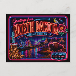 North Dakota Neon State Retro Vintage Postcard