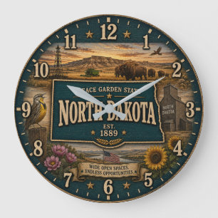 North Dakota Peace Garden State Prairie Rustic  Large Clock