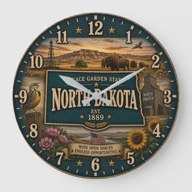 North Dakota Peace Garden State Prairie Rustic  Large Clock (Front)