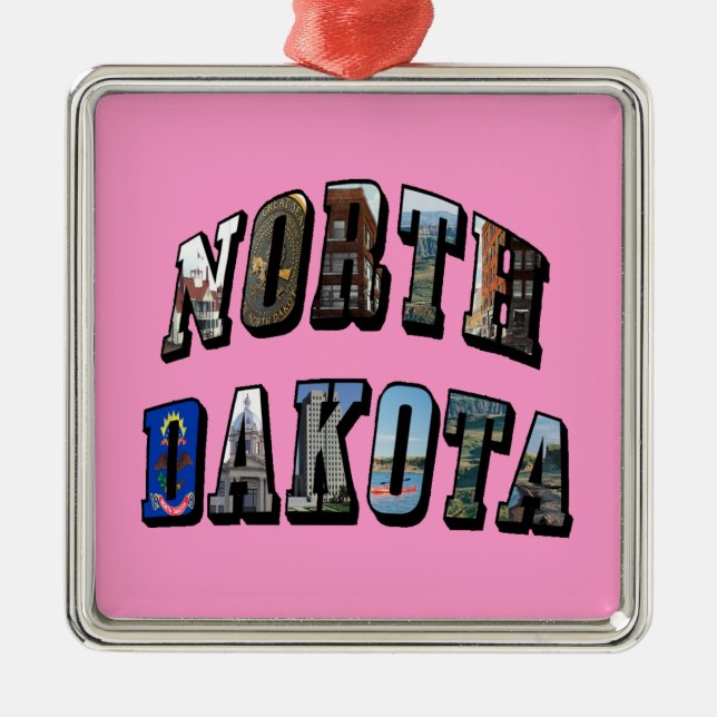 North Dakota Picture Text Metal Ornament (Front)