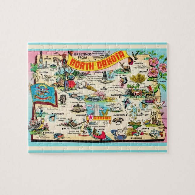 North Dakota Postcard Map Jigsaw Puzzle (Horizontal)