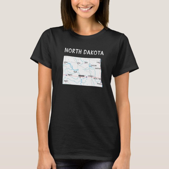 North Dakota Us State Map Highways Waterways Major T-Shirt (Front)