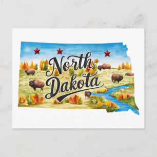 North Dakota USA State Shaped Vintage Watercolor Postcard